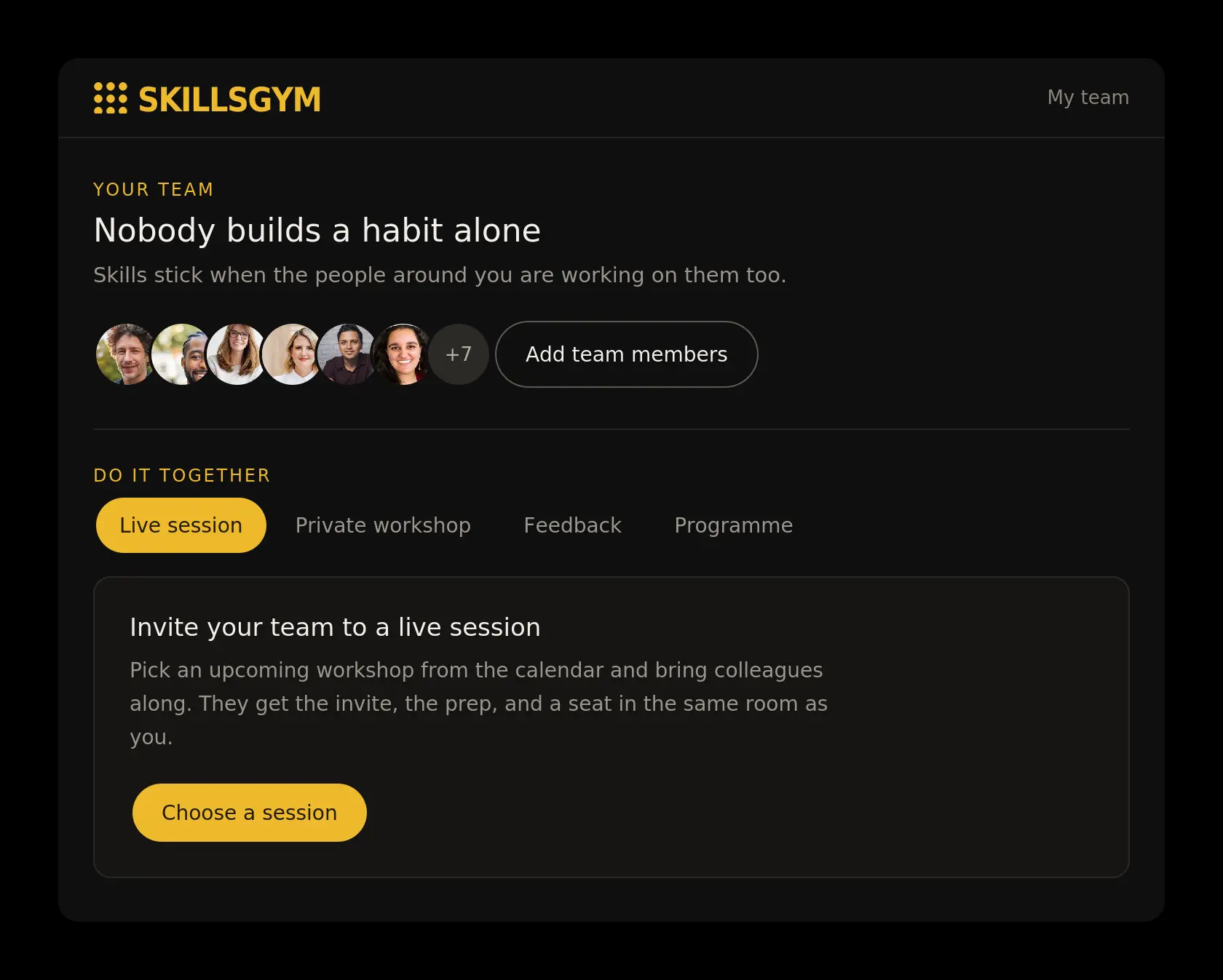 Team engagement panel inside the SkillsGym platform