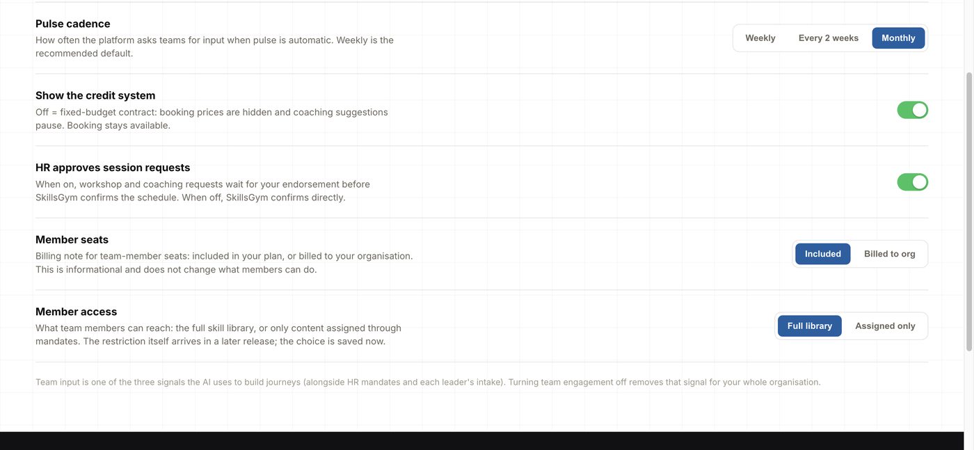 HR controls for team engagement, pulse cadence and approvals